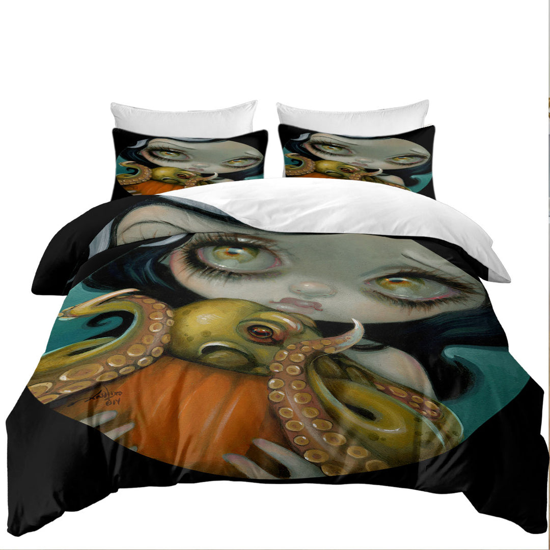 Halloween Gothic Girl Hold Pumpkin with Octopus Quilt Cover Sets