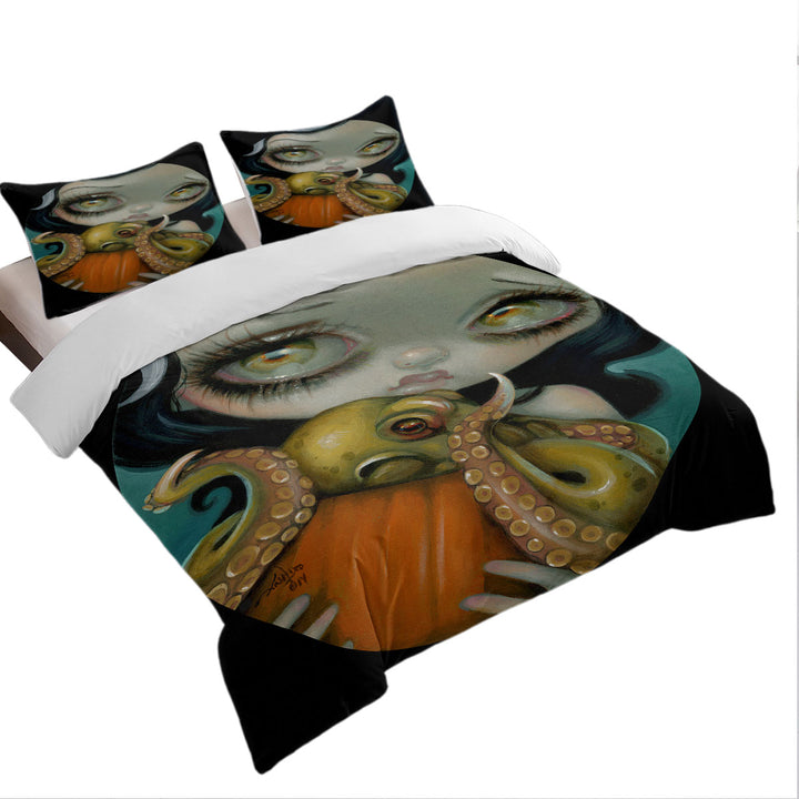 Halloween Gothic Girl Hold Pumpkin with Octopus Twin xl Duvet Covers