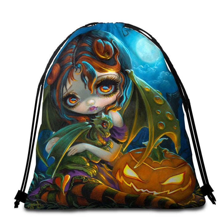 Halloween Lightweight Beach Towel Dragonling Scary Pumpkin and Dragon Fairy