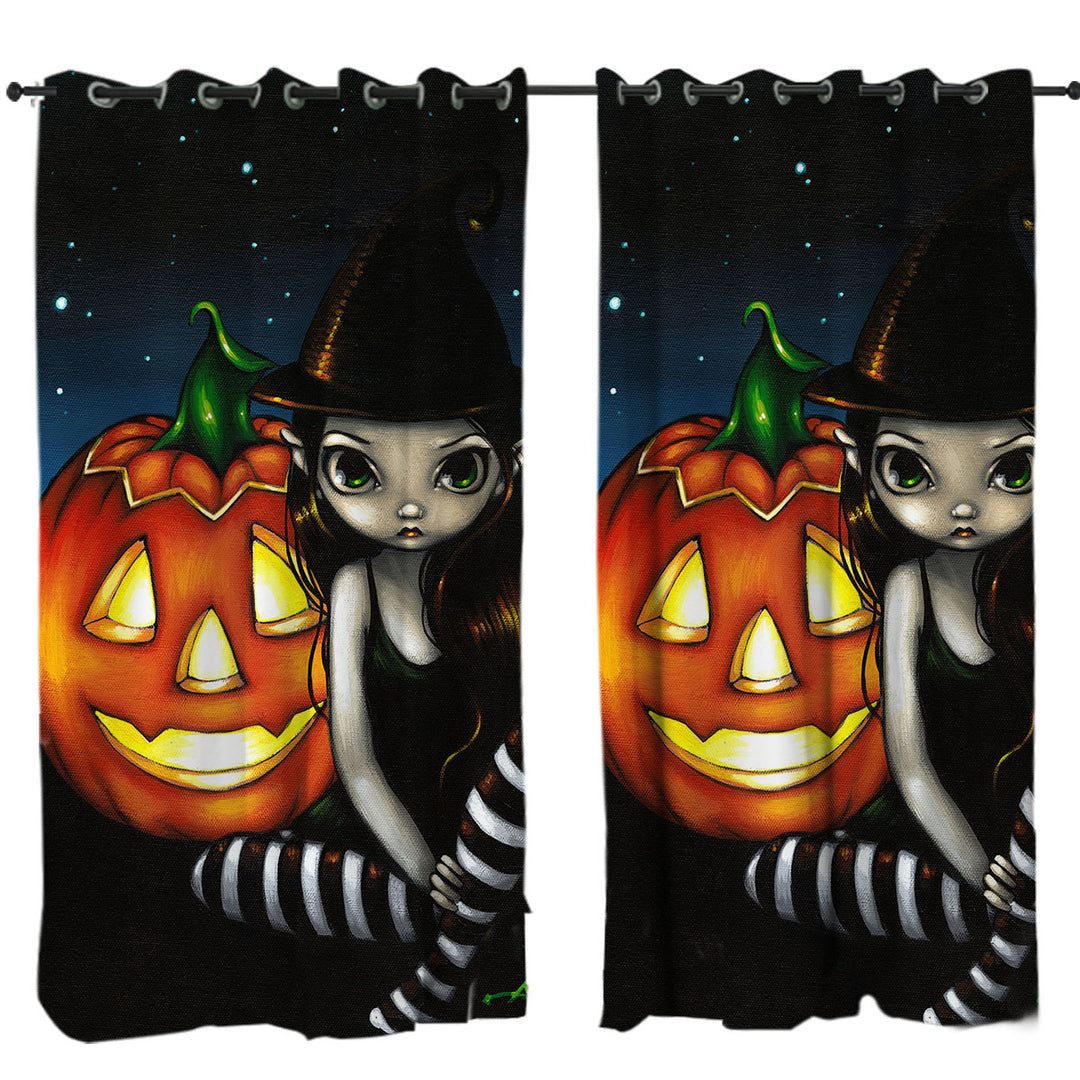 Halloween Night Big Eyed Witch and Pumpkin Drapes