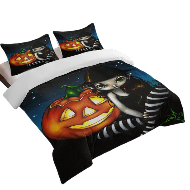 Halloween Night Big Eyed Witch and Pumpkin Duvet Covers King