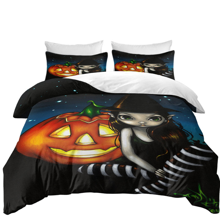 Halloween Night Big Eyed Witch and Pumpkin Good Duvet Covers