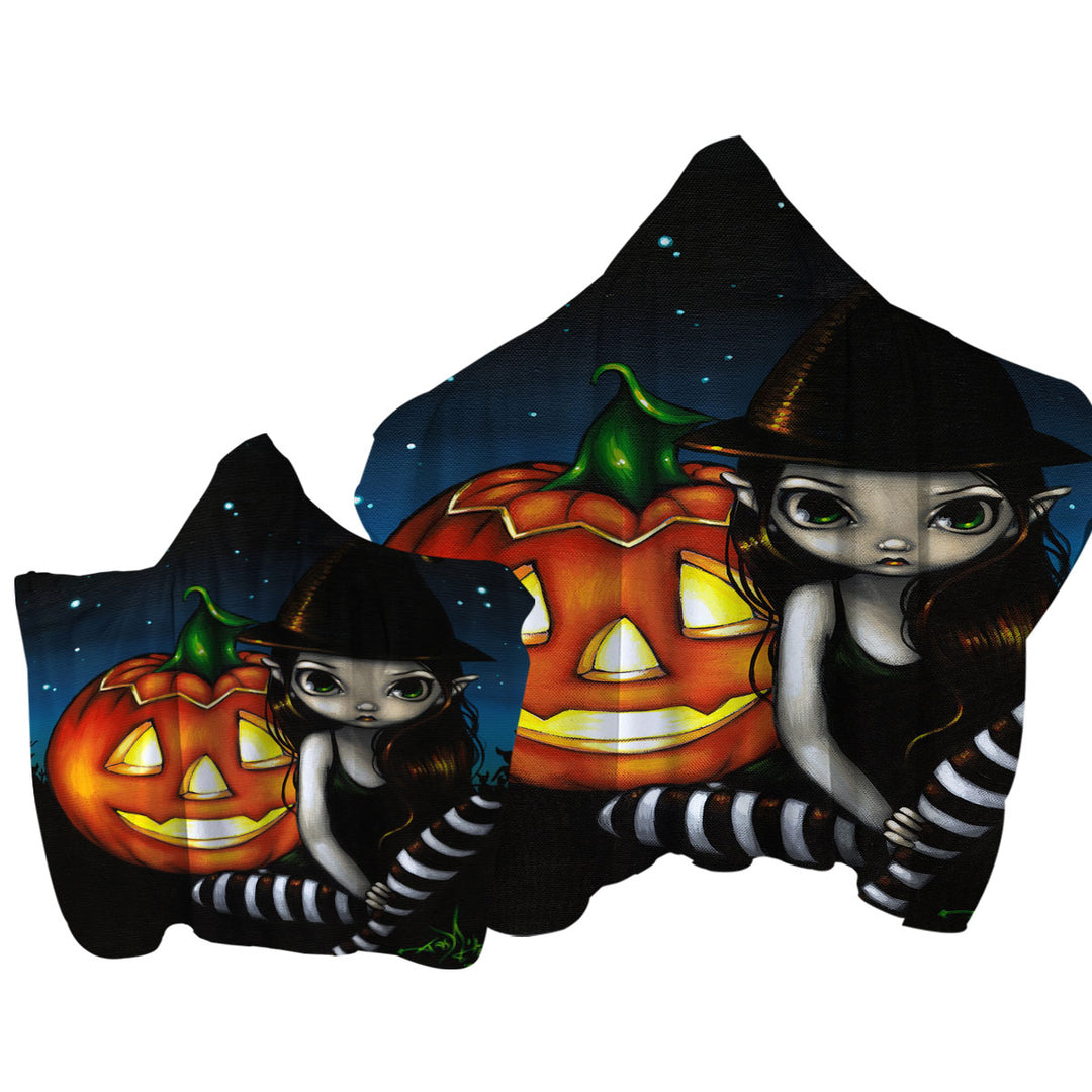 Halloween Night Big Eyed Witch and Pumpkin Towel Hoodie