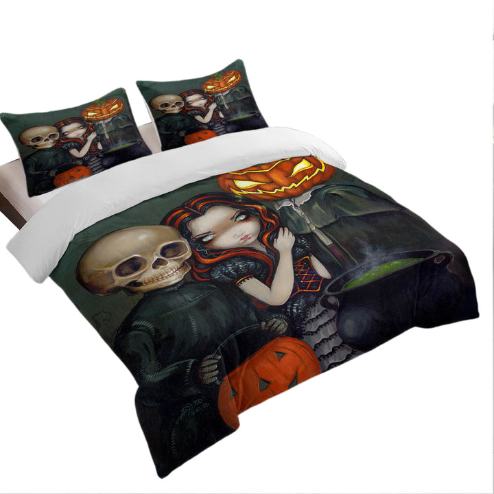 Halloween Out Trick or Treating Witch and Skeleton Duvet Cover