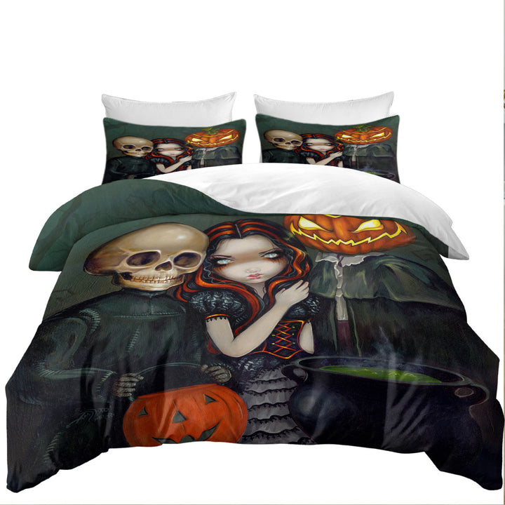 Halloween Out Trick or Treating Witch and Skeleton Duvet Covers