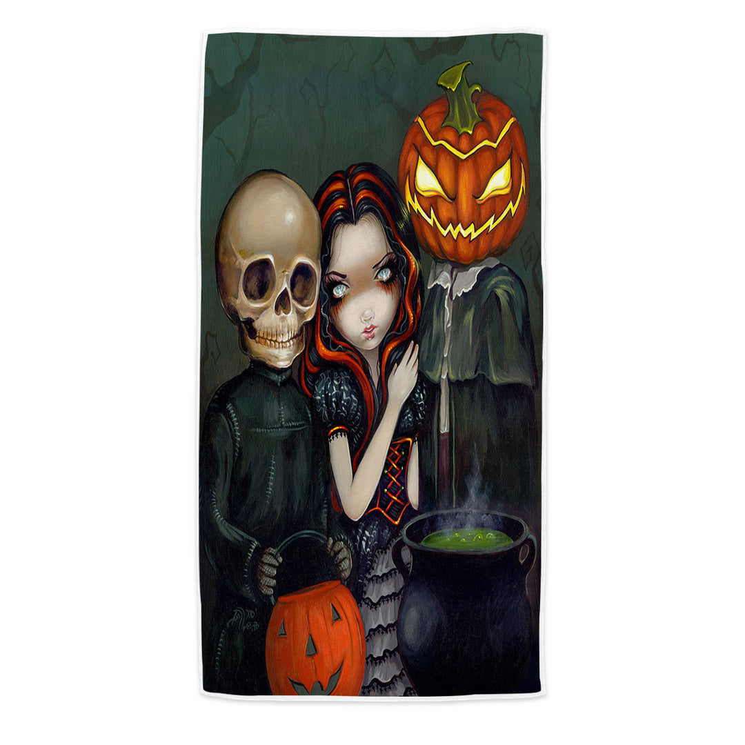 Halloween Pool Towels Out Trick or Treating Witch and Skeleton