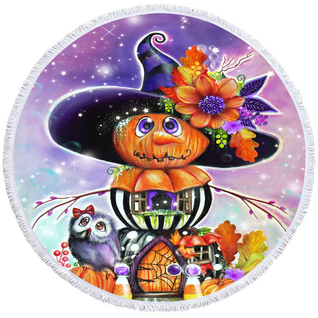 Halloween Round Beach Towel Pumpkin Witch Jack O Man Halloween House