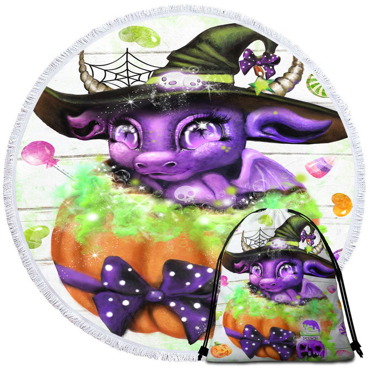 Halloween Round Beach Towel Witchy Halloween Lil Dragon