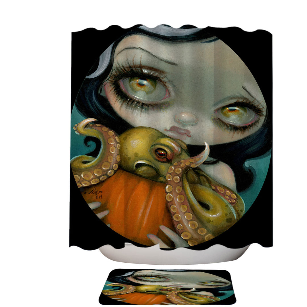 Halloween Shower Curtains with Gothic Girl Hold Pumpkin with Octopus