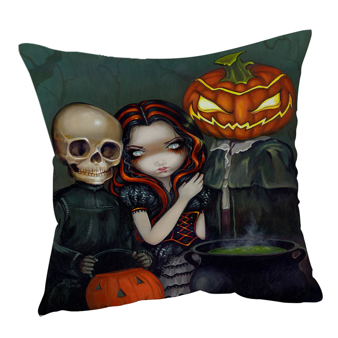 Halloween Sofa Pillows Out Trick or Treating Witch and Skeleton