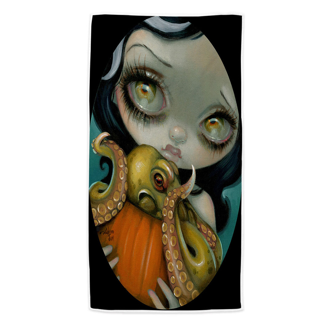 Halloween Swims Towel Gothic Girl Hold Pumpkin with Octopus