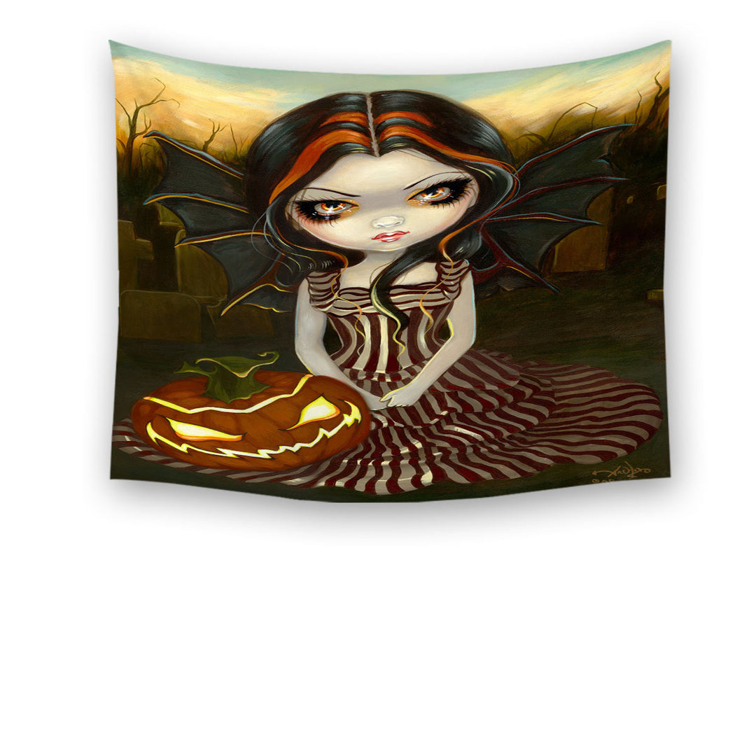 Halloween Tapestry Twilight Scary Pumpkin Winged Beauty Girl