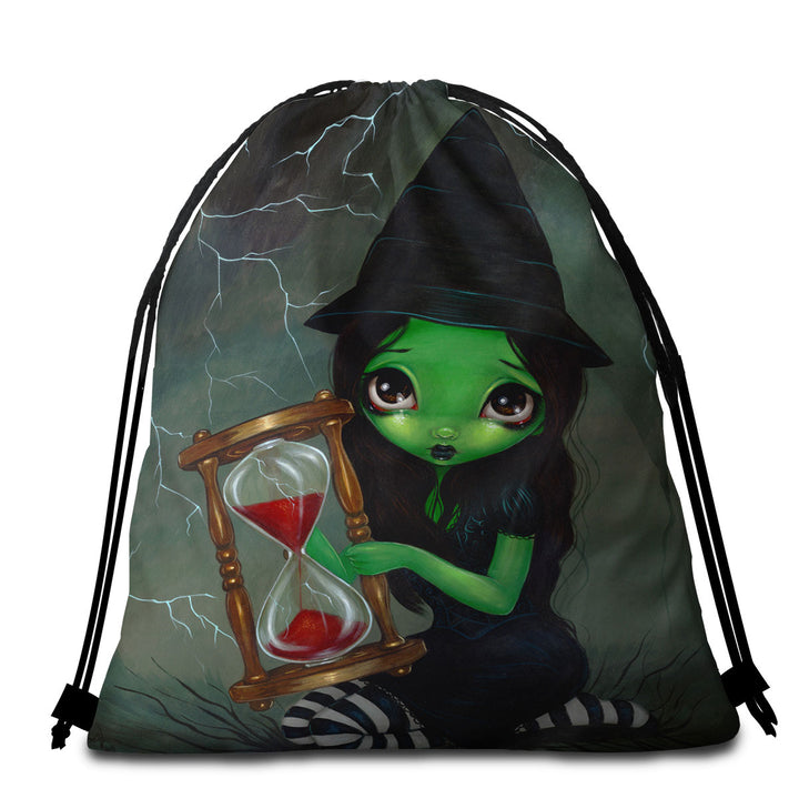 Halloween Theme Beach Bags and Towels Wicked Witch and Her Hourglass