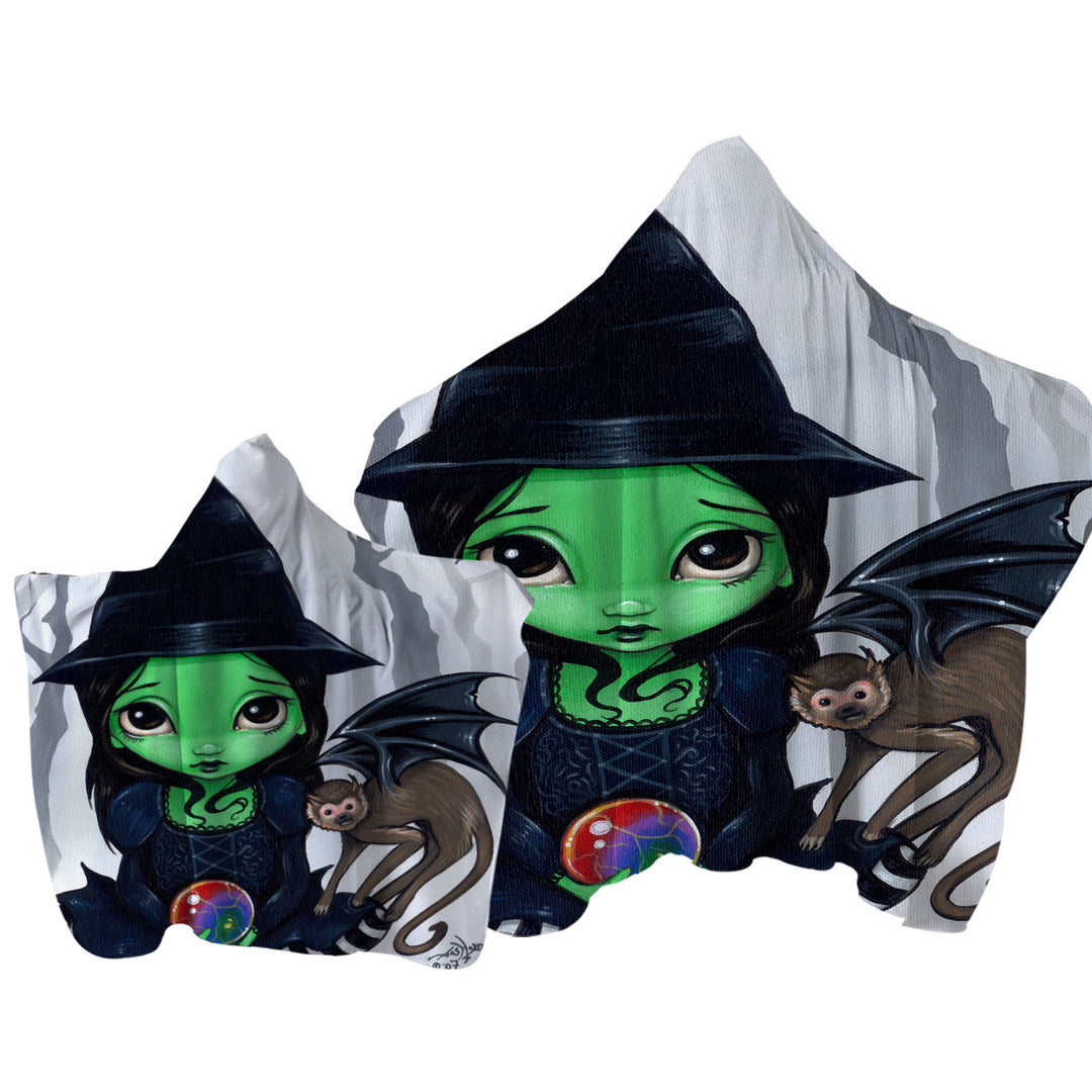 Halloween Theme Wicked Witch and Her Flying Monkey Hooded Beach Towel