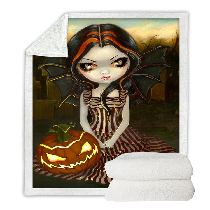 Halloween Throw Blanket Twilight Scary Pumpkin Winged Beauty Girl