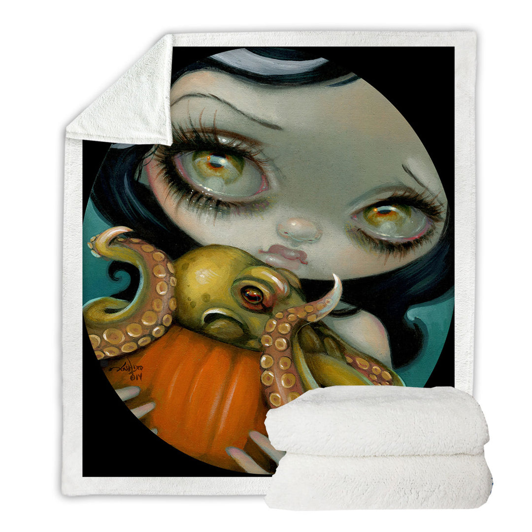 Halloween Throw Blanket with Gothic Girl Hold Pumpkin with Octopus