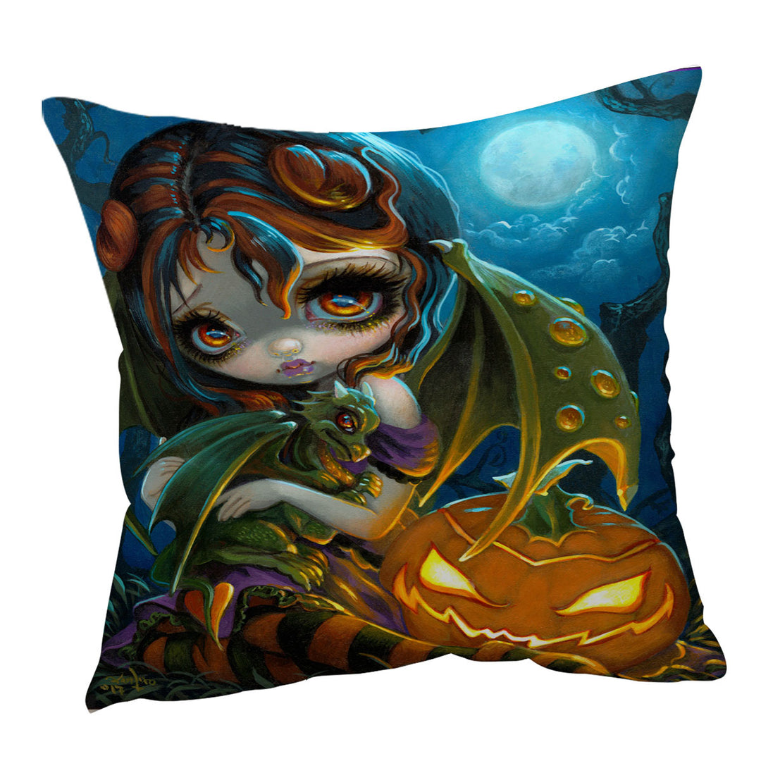 Halloween Throw Pillow Covers Dragonling Scary Pumpkin and Dragon Fairy