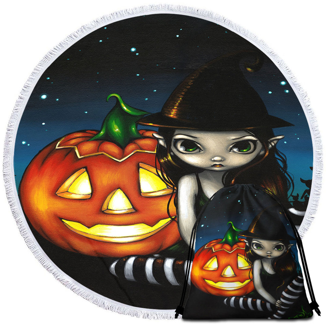 Halloween Travel Beach Towel Night Big Eyed Witch and Pumpkin