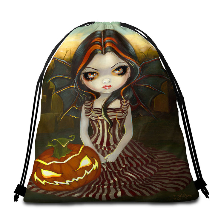 Halloween Travel Beach Towel Twilight Scary Pumpkin Winged Beauty Girl