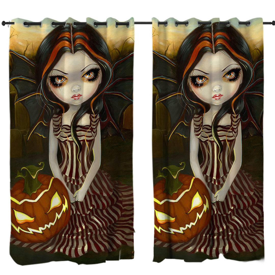 Halloween Twilight Scary Pumpkin Winged Beauty Girl Curtain