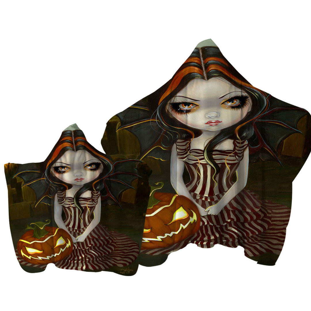 Halloween Twilight Scary Pumpkin Winged Beauty Girl Hooded Beach Towel