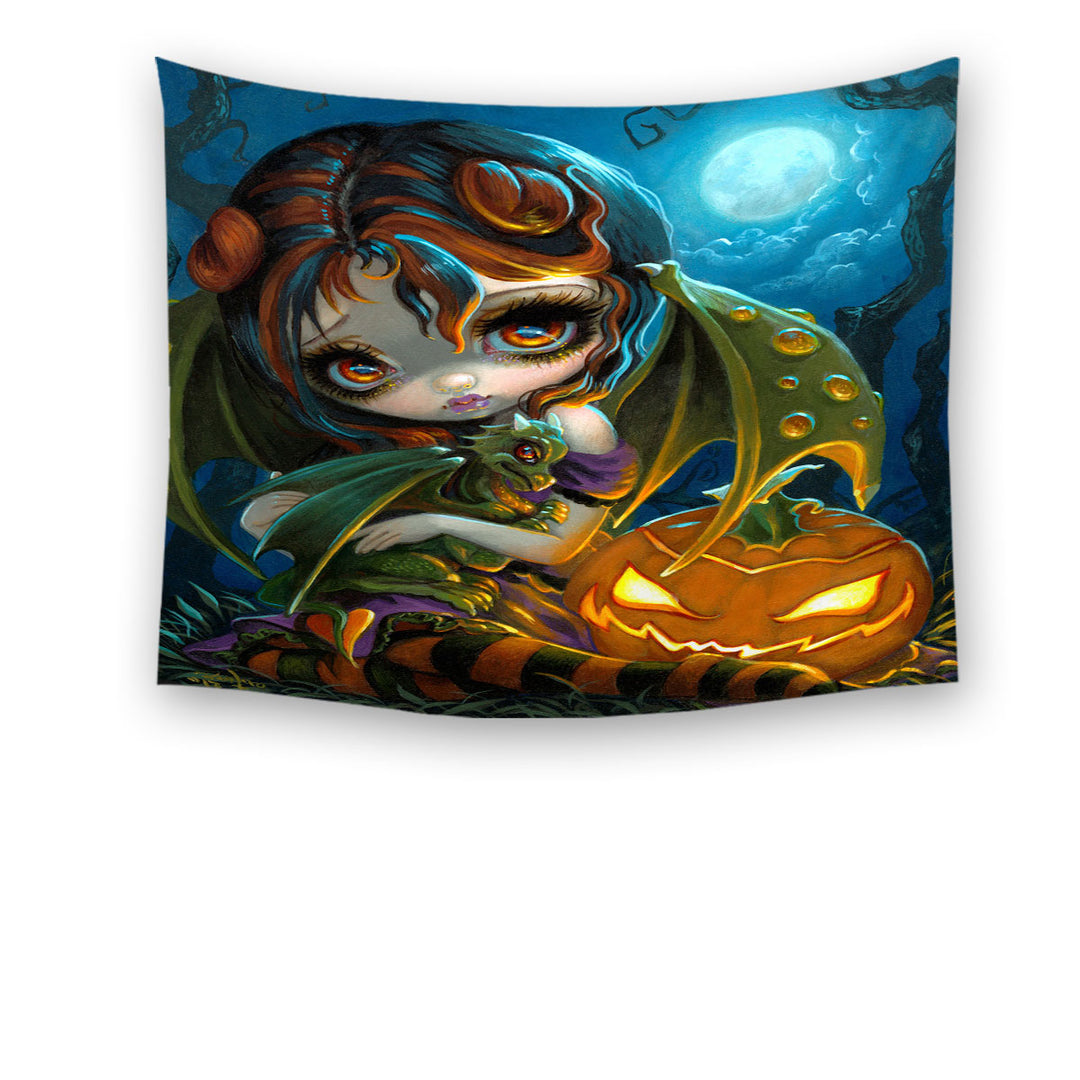 Halloween Wall Art Prints Dragonling Scary Pumpkin and Dragon Fairy