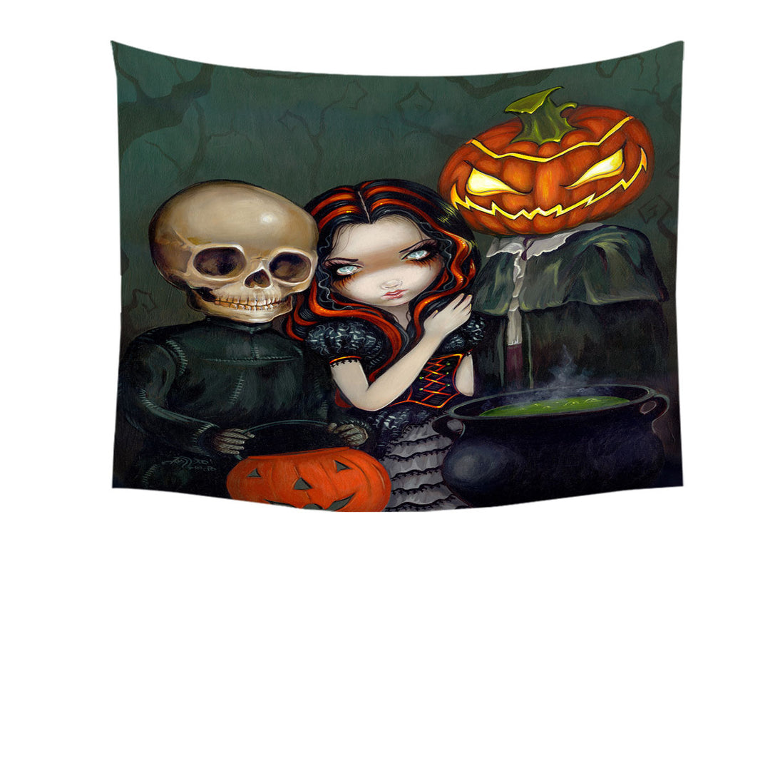 Halloween Wall Decor Tapestry Prints Out Trick or Treating Witch and Skeleton