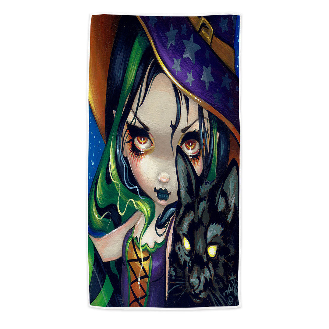 Halloween Witch Beach Towels Faces of Faery _114 Halloween Witch Girl and Cat