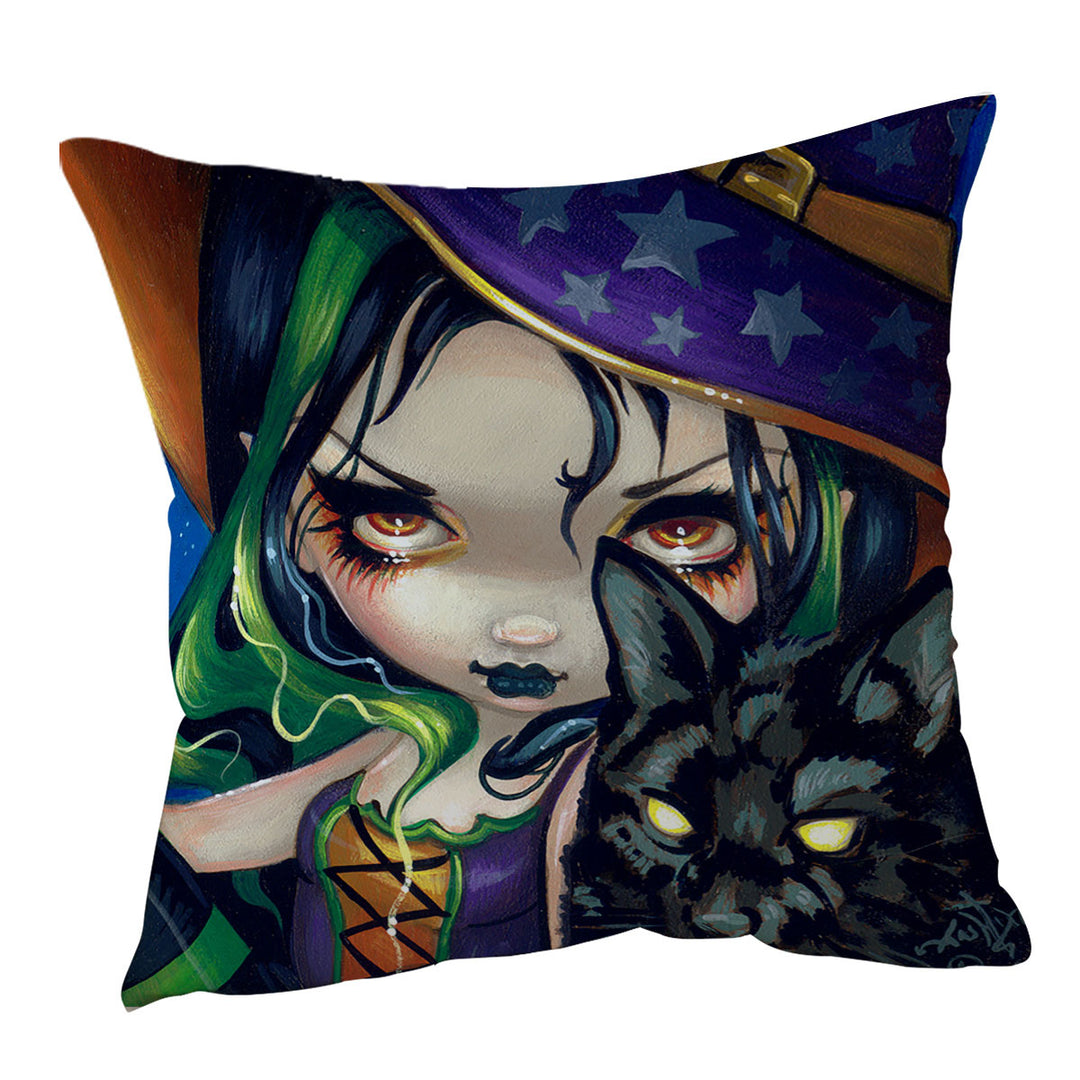 Halloween Witch Throw Pillows Faces of Faery _114 Halloween Witch Girl and Cat