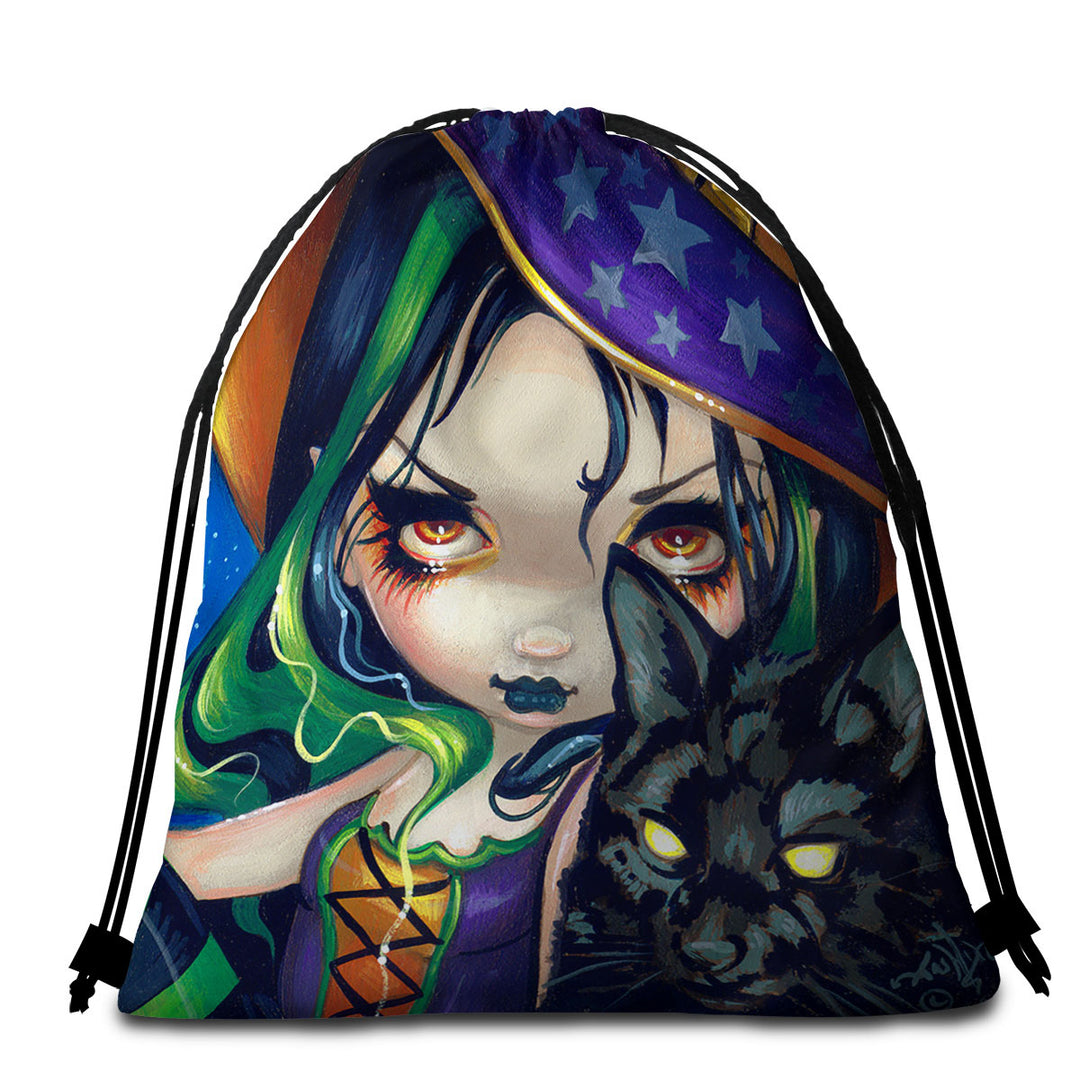 Halloween Witch Travel Beach Towel Faces of Faery _114 Halloween Witch Girl and Cat