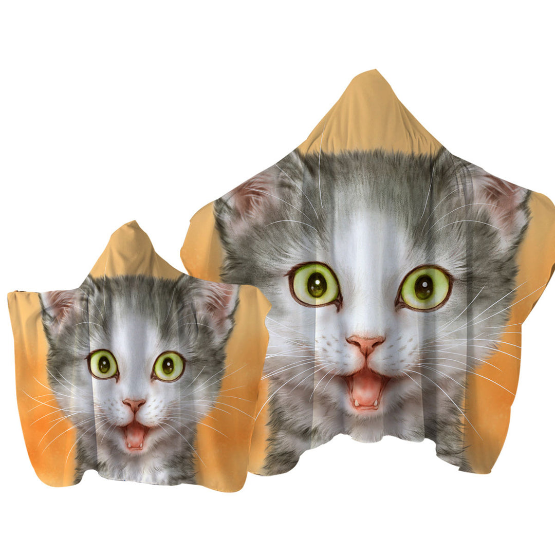 Happy and Joyful Grey Kitten over Orange Hooded Beach Towel