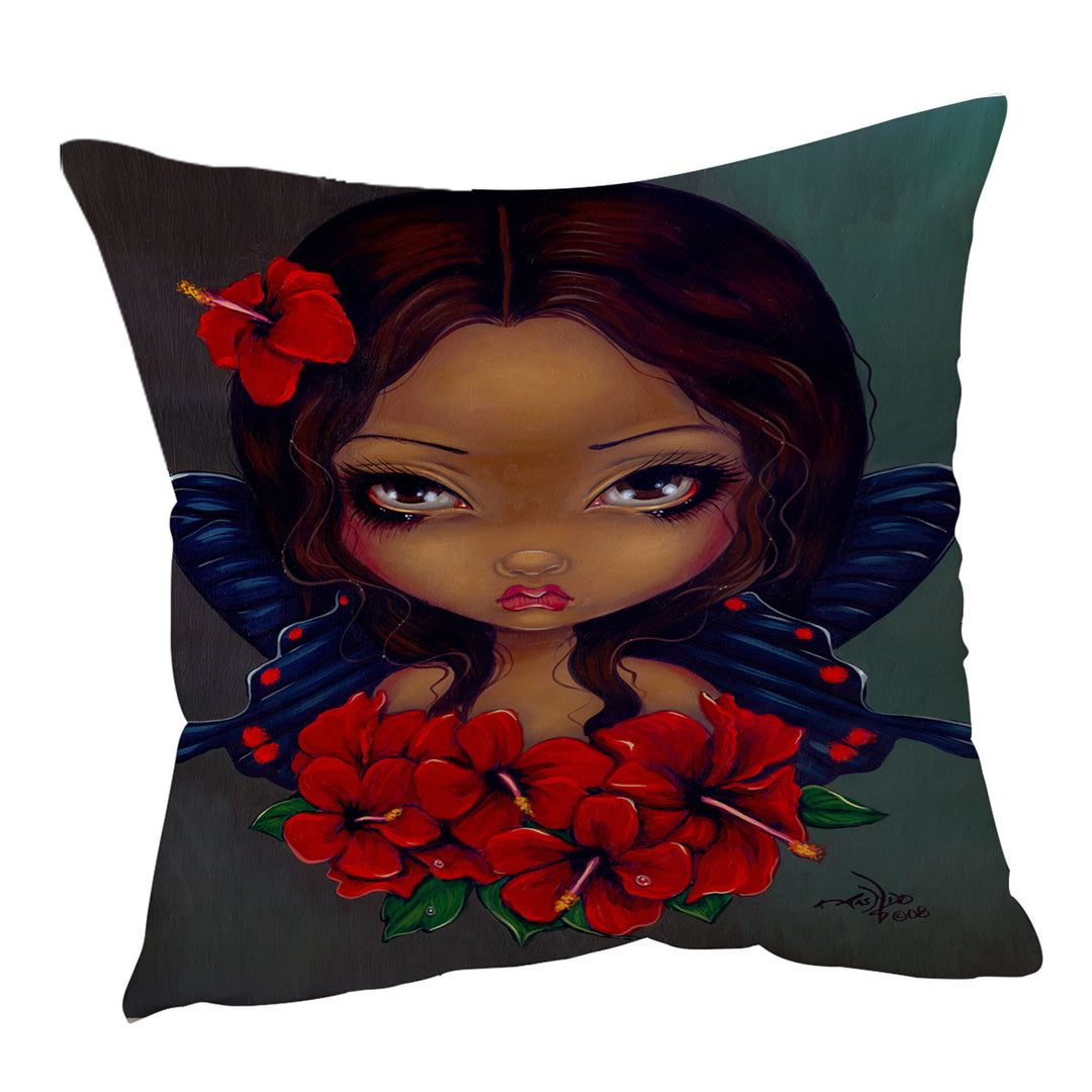 Hawaiian Tropical Red Hibiscus Fairy Throw Cushions