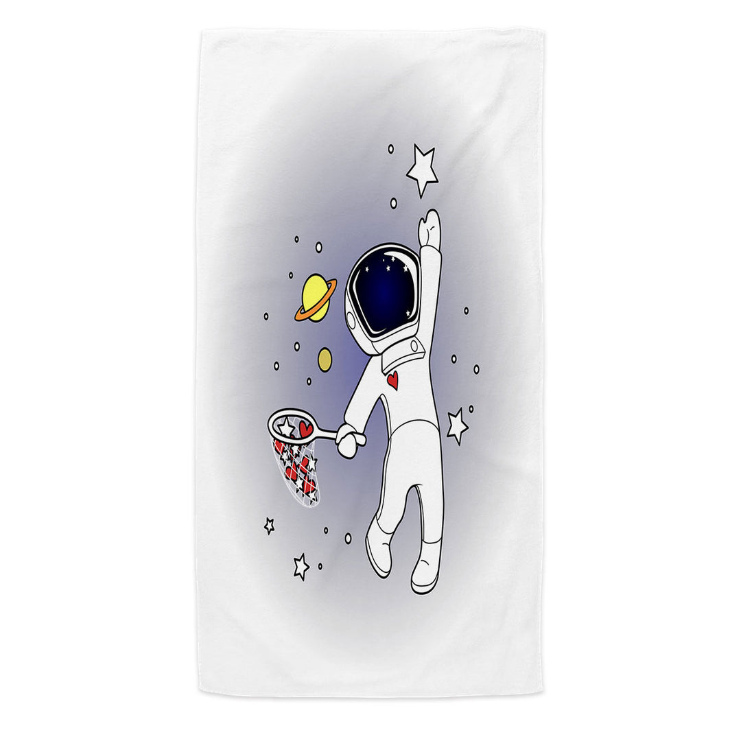 Hearts and Stars Catching Astronaut Microfiber Beach Towel