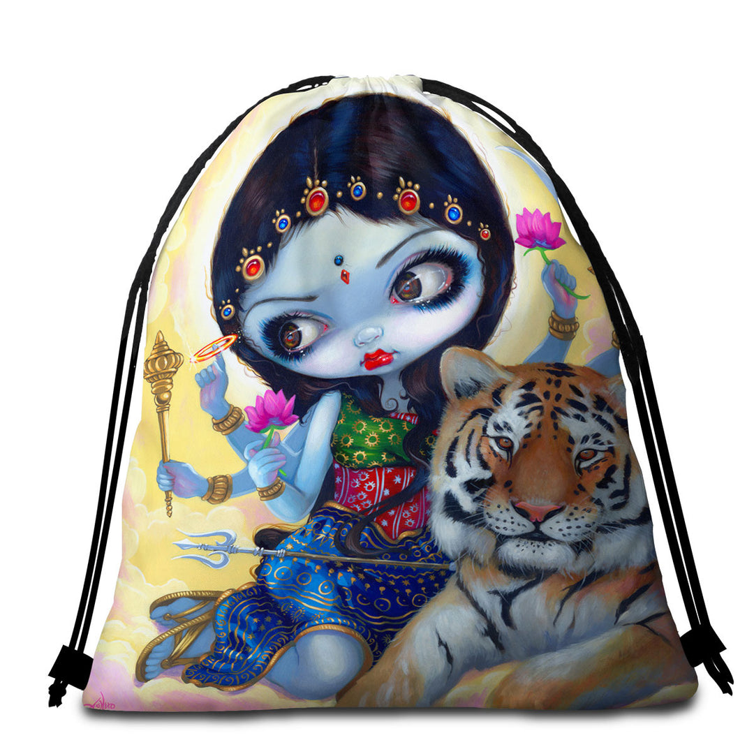 Hindu Beach Towel Goddess Maiden Durga and the Tiger