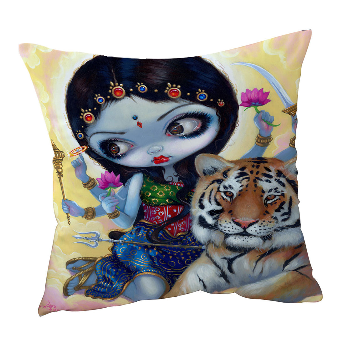 Hindu Cushion Cover Goddess Maiden Durga and the Tiger