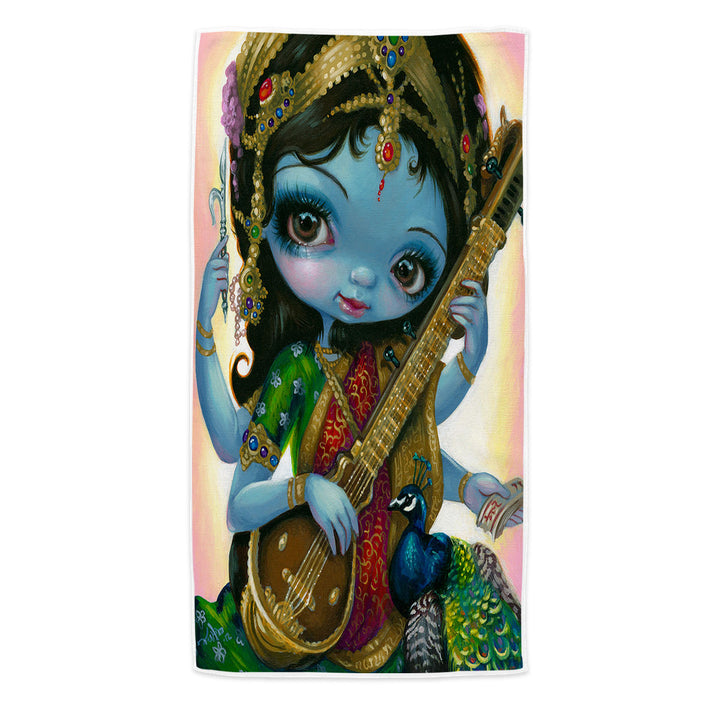 Hindu Goddess Saraswati Beach Towel Playing Veena