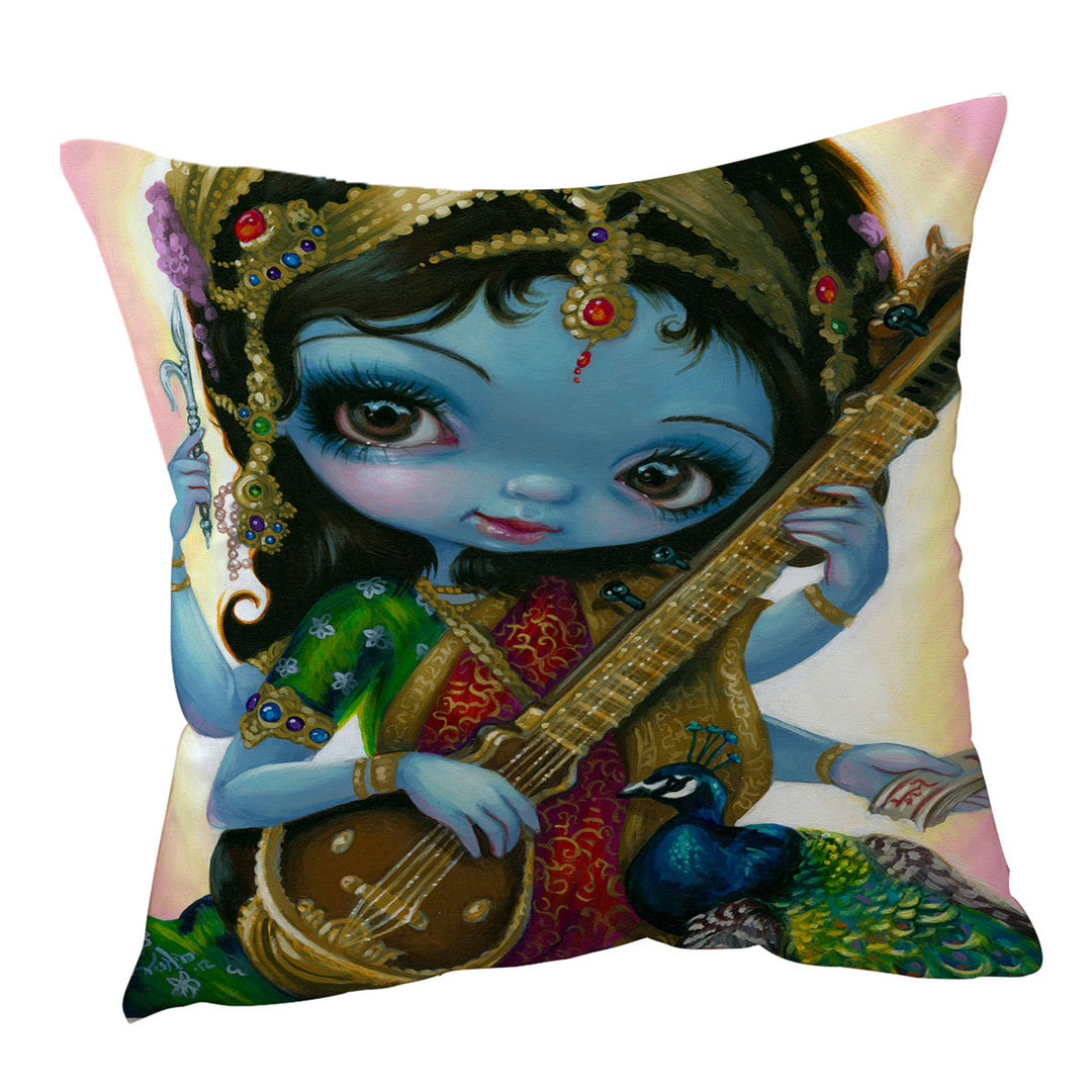 Hindu Goddess Saraswati Cushion Cover Playing Veena