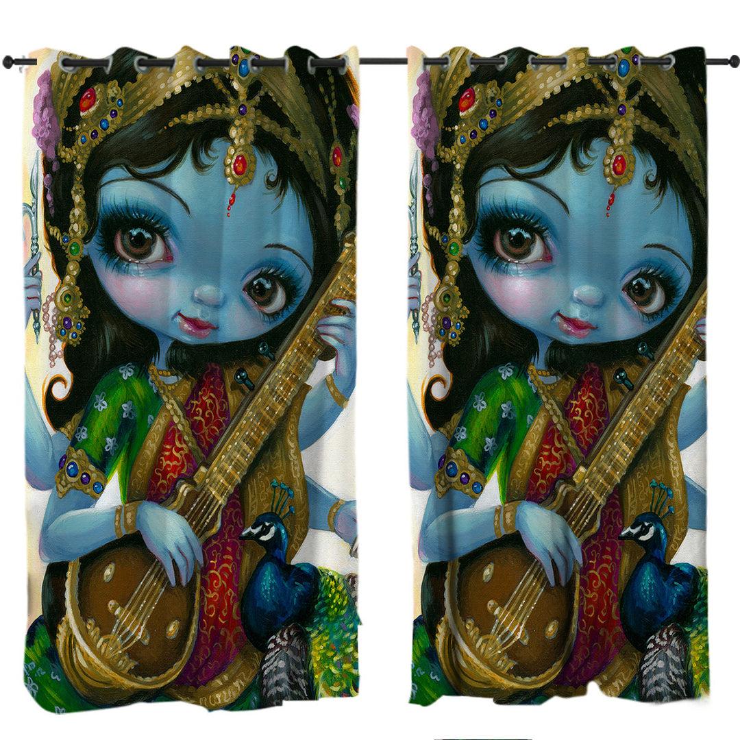 Hindu Goddess Saraswati Playing Veena Drapes