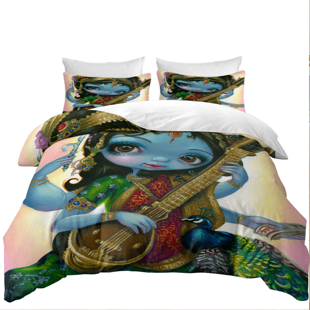 Hindu Goddess Saraswati Playing Veena King Quilt Cover