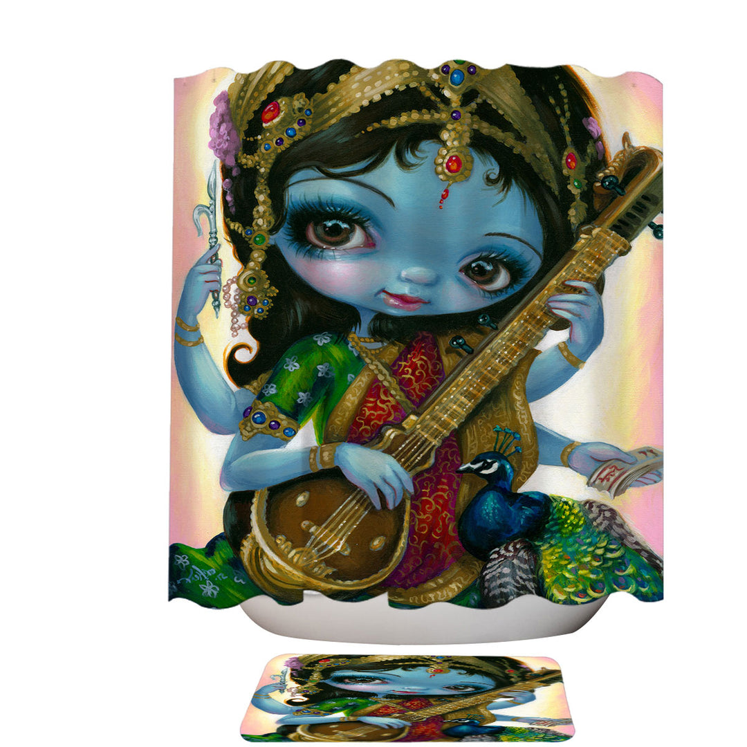 Hindu Goddess Saraswati Shower Curtain Playing Veena