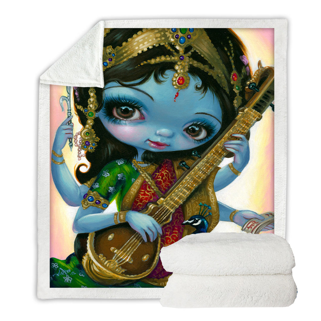 Hindu Goddess Saraswati Throw Blanket Playing Veena