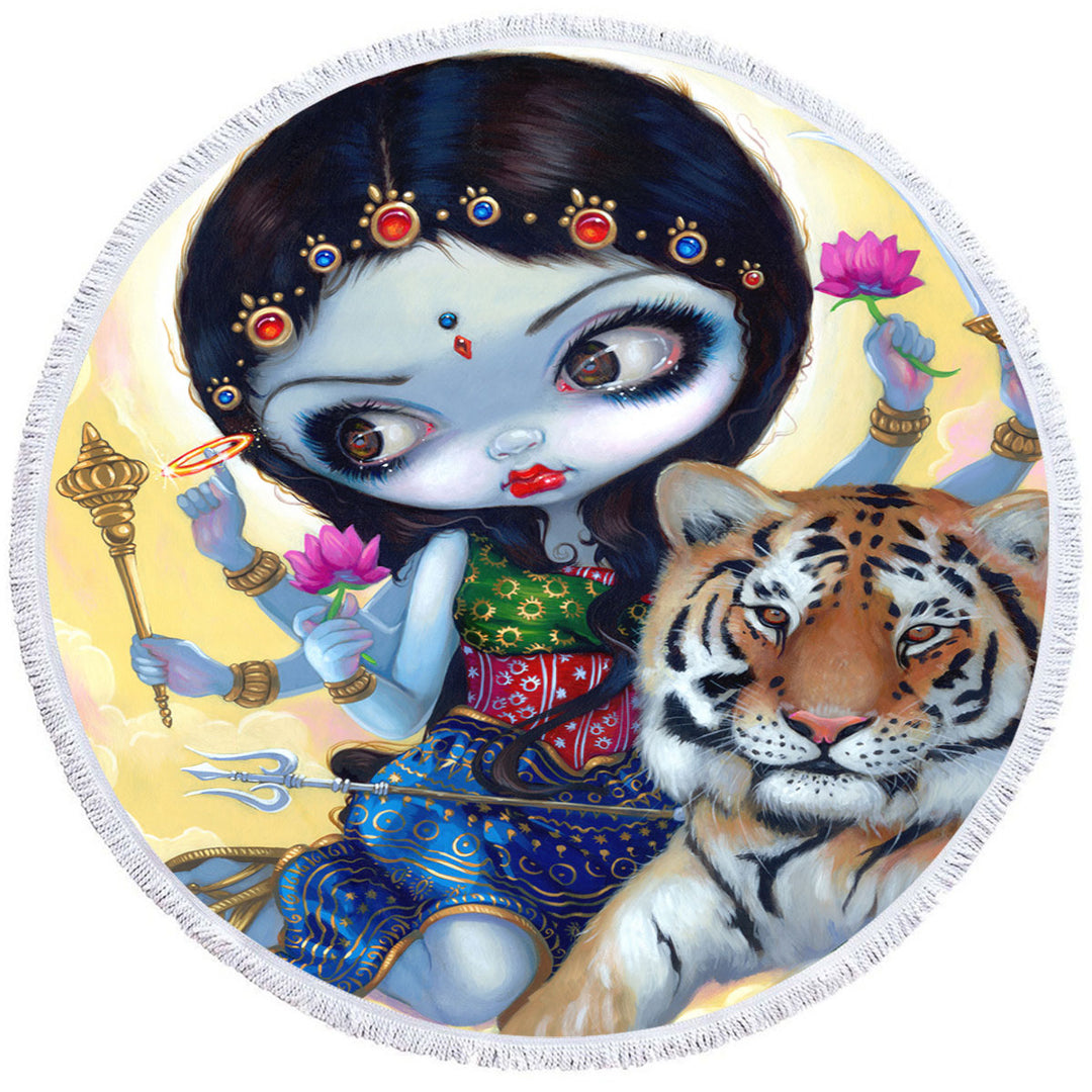 Hindu Round Towel Goddess Maiden Durga and the Tiger