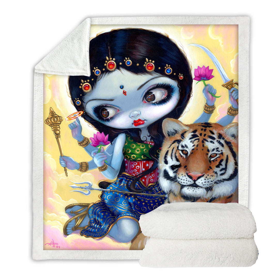 Hindu Throw Blanket Goddess Maiden Durga and the Tiger