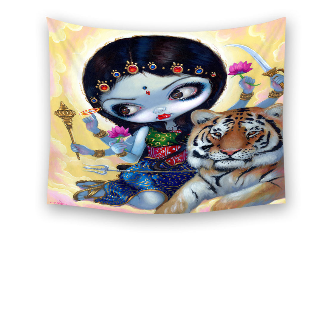 Hindu Wall Decor Goddess Maiden Durga and the Tiger Tapestry