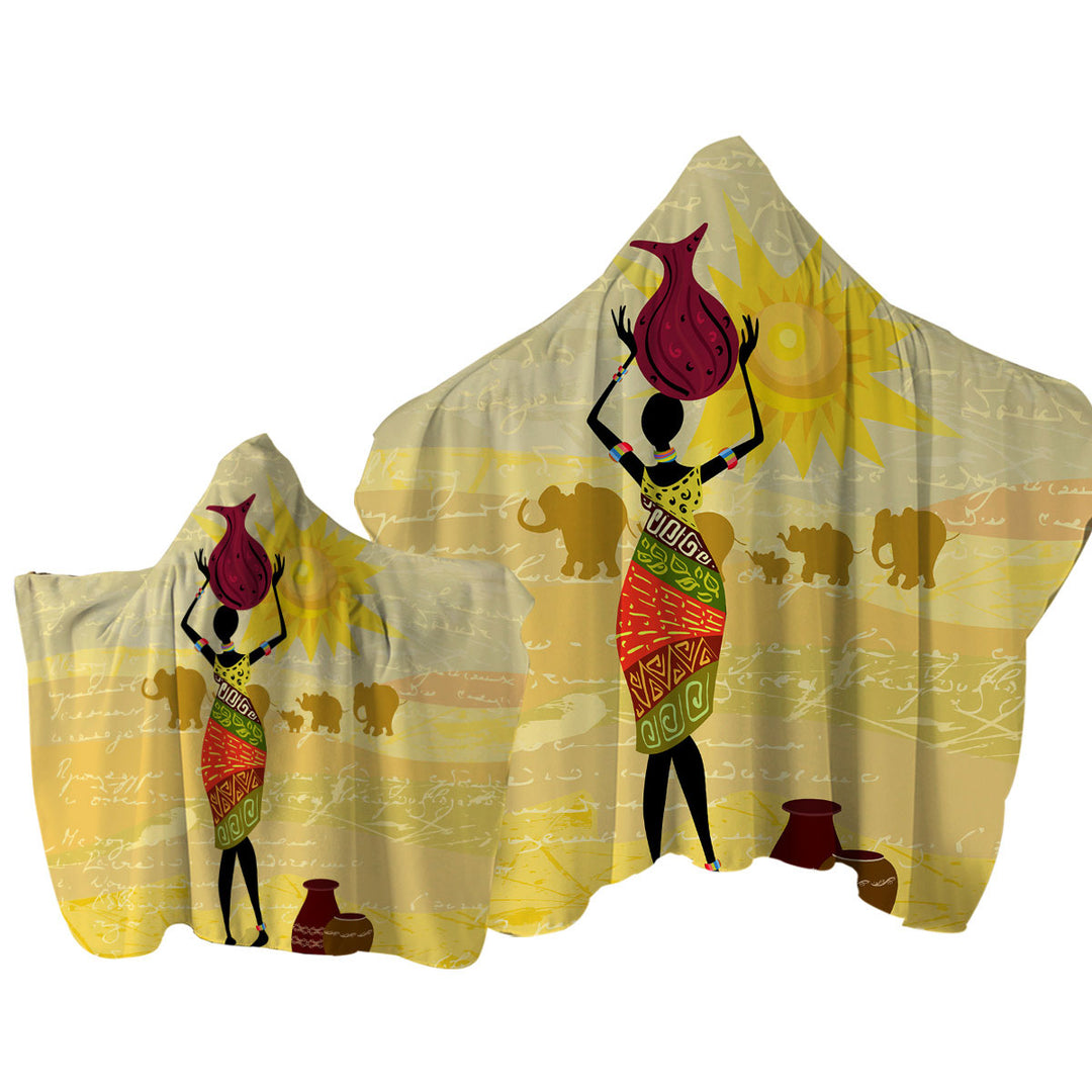 Hooded Beach Towel with African Woman and an Elephant Parade