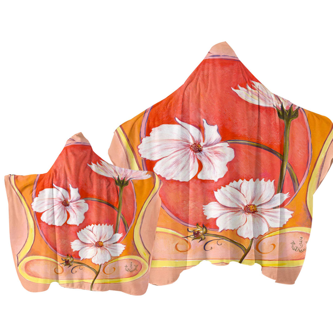 Hooded Beach Towel with Art Deco Cosmos White Flowers