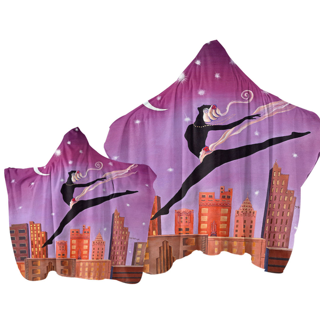 Hooded Beach Towel with Art Deco Leap Night City Dancing Painting