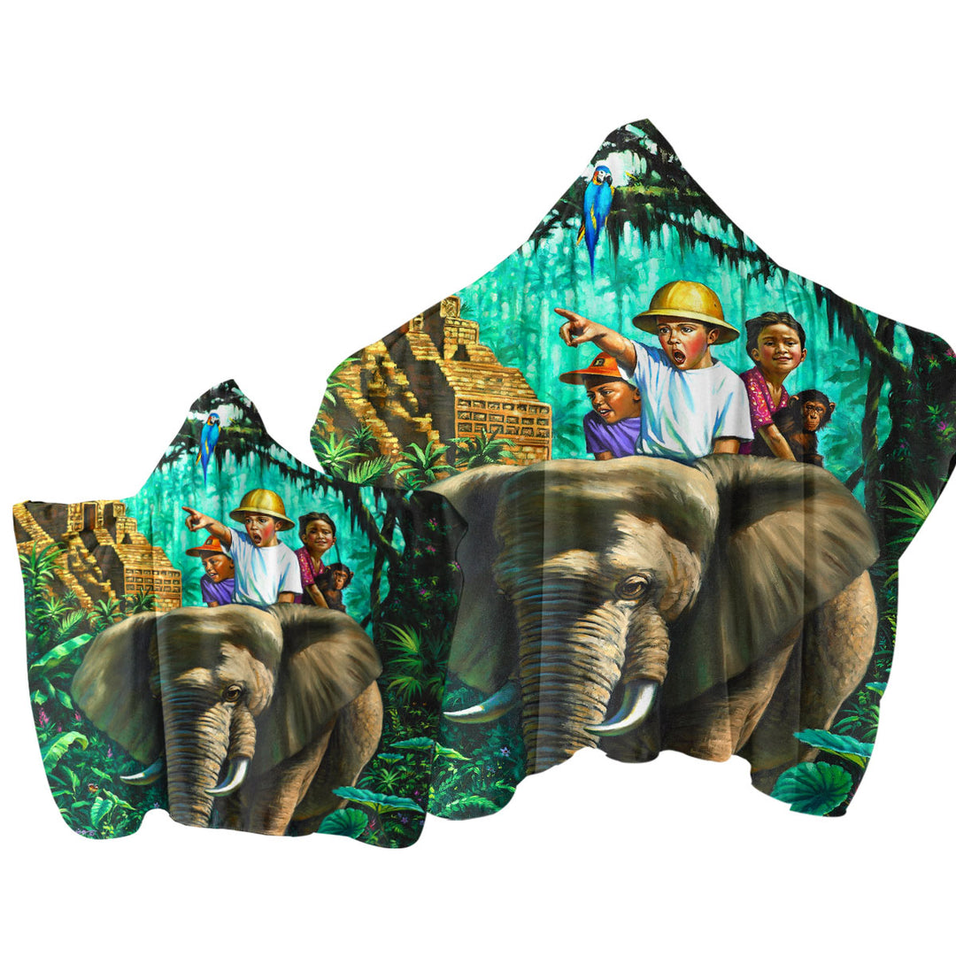 Hooded Beach Towel with Art Painted Elephant Money and Jungle Kids