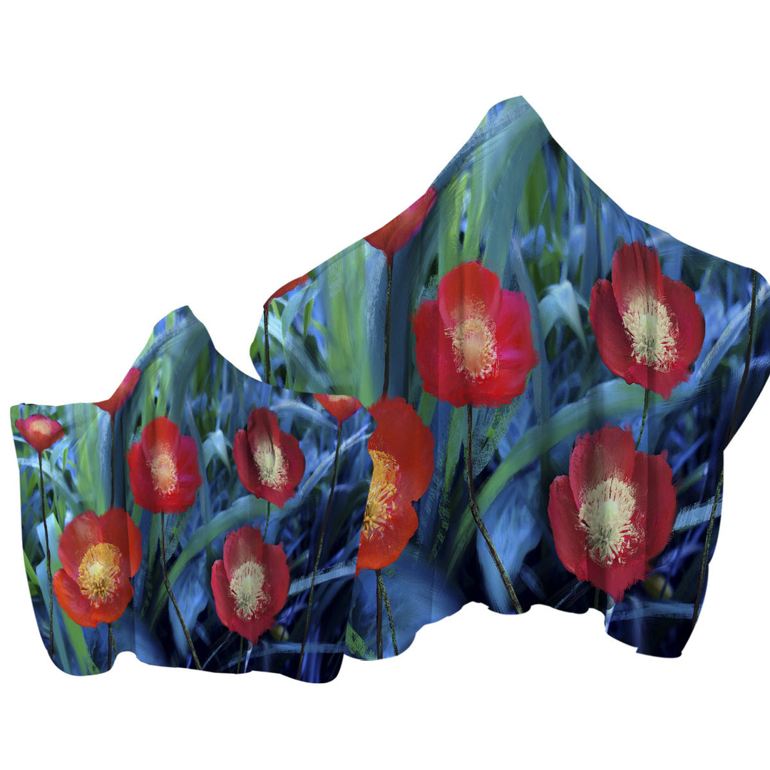 Hooded Beach Towel with Art Painting Bright Poppies Flowers