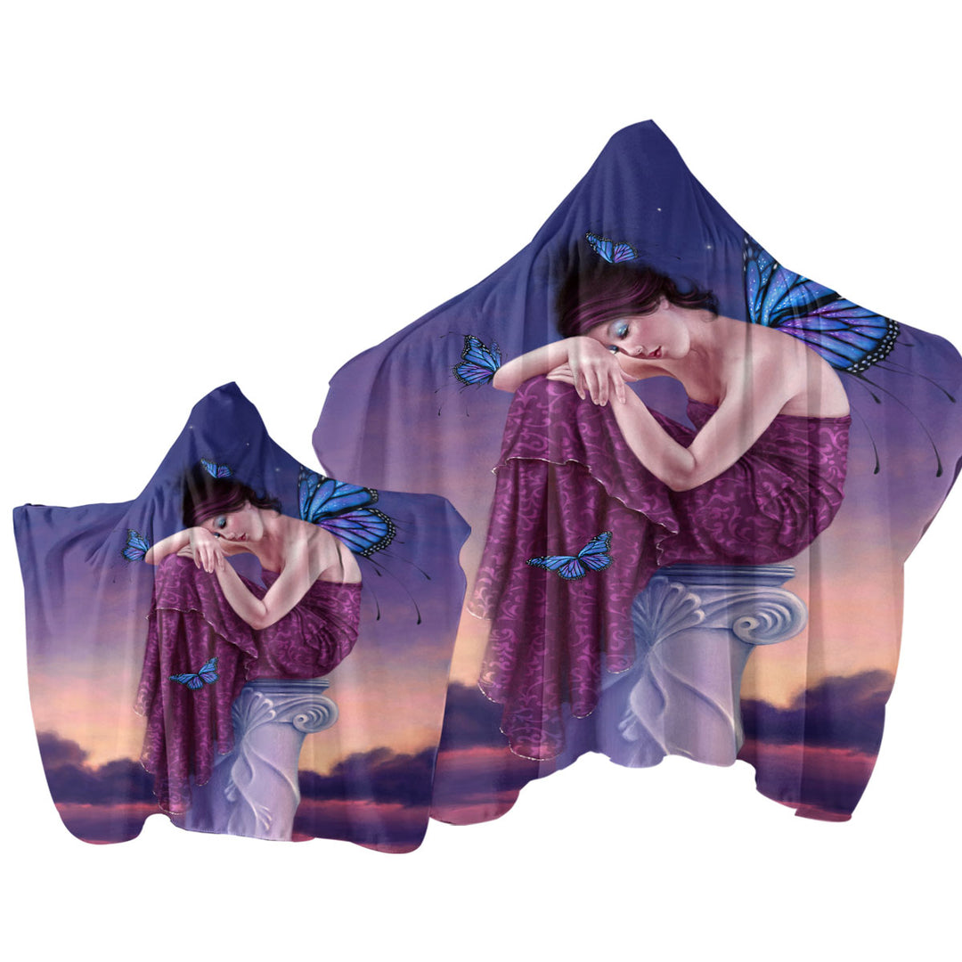 Hooded Beach Towel with Art Painting Sunset Sleepy Butterfly Girl